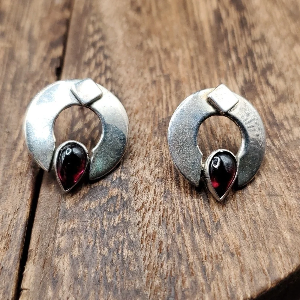 Solid Vampire garnet solid sterling silver doorknocker earrings E2164 antique